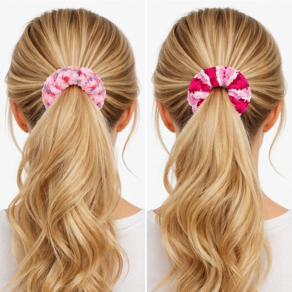 Handmade Crocheted Scrunchies Ponytail Holder Hair Tie Set Of 2 - New